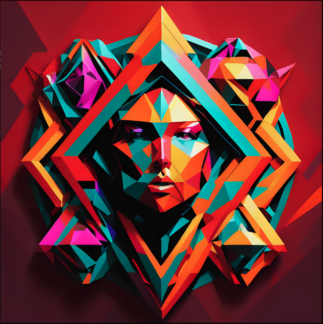 Enharmonic geometric cubist artwork with vibrant red, teal, and orange tones